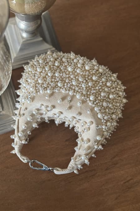 Buy_Bhavna Kumar_Beige Pearl Hand Embroidery Crescent Bag _Online_at_Aza_Fashions