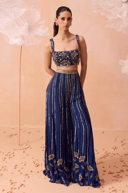 Buy_Parul Gandhi_Blue Silk Organza Embroidery, Sequins, Mirrors Square Hand Blouse Sharara Set 