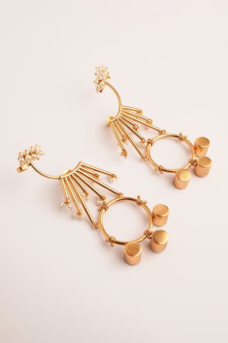 Shop Suhani Pittie Gold Plated Pearls Embellished Drop Earrings at Aza Fashions Shop_Suhani Pittie_Gold Plated Pearls Embellished Drop Earrings _at_Aza_Fashions