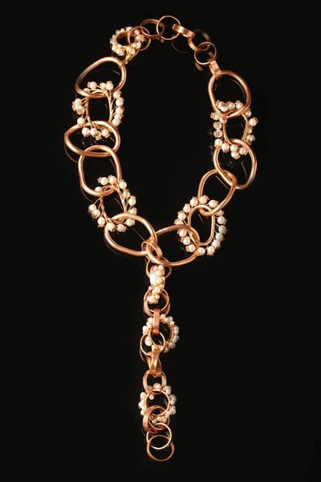 Shop Suhani Pittie Gold Plated Neutron Loop Pearls Chain-link Necklace at Aza Fashions Shop_Suhani Pittie_Gold Plated Neutron Loop Pearls Chain-link Necklace _at_Aza_Fashions