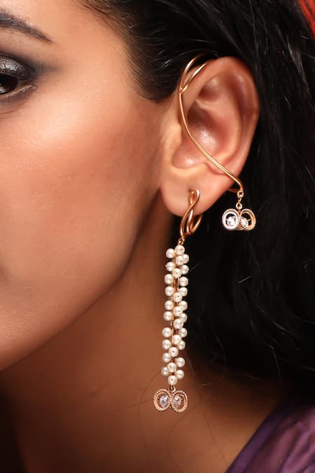 Suhani Pittie Gold Plated Pearls, Cut Work Lunar Dew Tassel Ear Cuff 