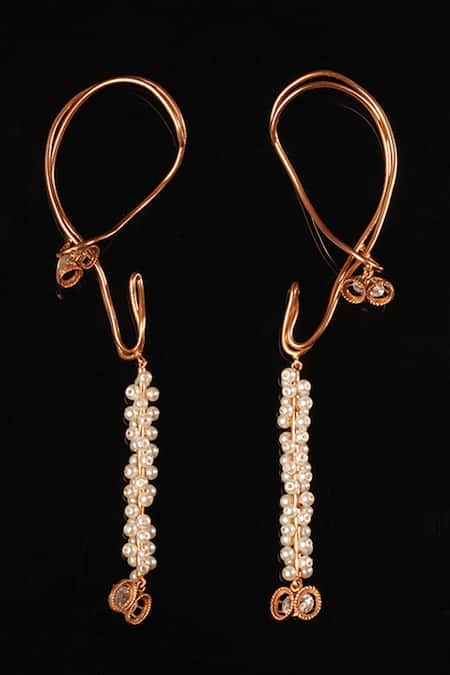 Shop Suhani Pittie Gold Plated Pearls, Cut Work Lunar Dew Tassel Ear Cuff at Aza Fashions Shop_Suhani Pittie_Gold Plated Pearls, Cut Work Lunar Dew Tassel Ear Cuff _at_Aza_Fashions