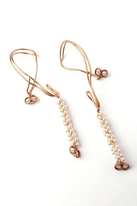 Suhani Pittie Gold Plated Pearls, Cut Work Lunar Dew Tassel Ear Cuff Online at Aza Fashions Suhani Pittie_Gold Plated Pearls, Cut Work Lunar Dew Tassel Ear Cuff _Online_at_Aza_Fashions