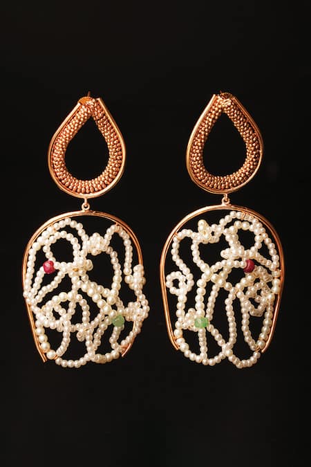 Shop Suhani Pittie Gold Plated Pearls, Rhinestones, Stones Cloud Embellished Drop Earrings at Aza Fashions Shop_Suhani Pittie_Gold Plated Pearls, Rhinestones, Stones Cloud Embellished Drop Earrings _at_Aza_Fashions