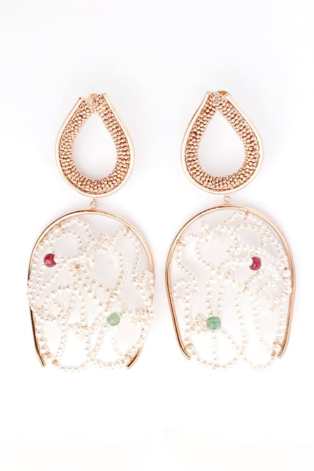Suhani Pittie Gold Plated Pearls, Rhinestones, Stones Cloud Embellished Drop Earrings Online at Aza Fashions Suhani Pittie_Gold Plated Pearls, Rhinestones, Stones Cloud Embellished Drop Earrings _Online_at_Aza_Fashions