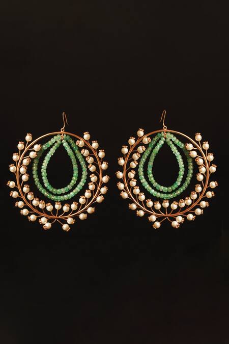 Shop Suhani Pittie Gold Plated Pearls, Stones Beryl Goddess Double Loop Earrings at Aza Fashions Shop_Suhani Pittie_Gold Plated Pearls, Stones Beryl Goddess Double Loop Earrings_at_Aza_Fashions