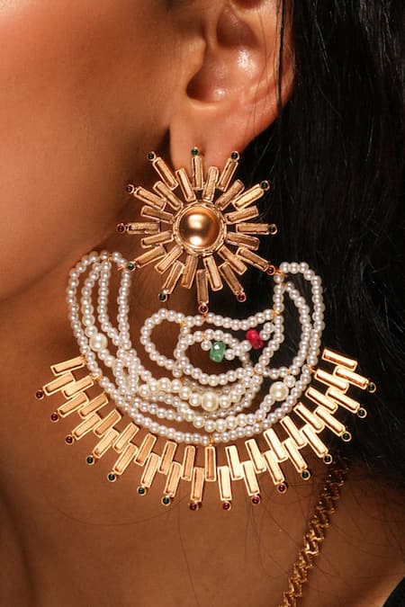 Suhani Pittie Gold Plated Pearls, Rhinestones Sun Beam Cloud Earrings 