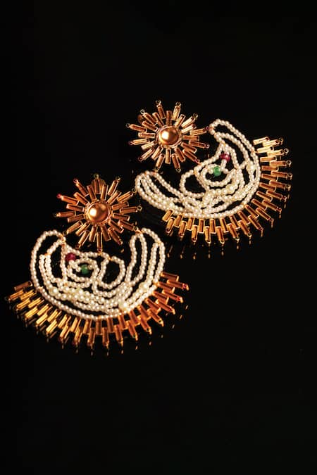 Shop Suhani Pittie Gold Plated Pearls, Rhinestones Sun Beam Cloud Earrings at Aza Fashions Shop_Suhani Pittie_Gold Plated Pearls, Rhinestones Sun Beam Cloud Earrings _at_Aza_Fashions