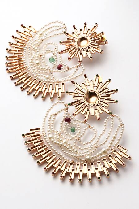 Suhani Pittie Gold Plated Pearls, Rhinestones Sun Beam Cloud Earrings Online at Aza Fashions Suhani Pittie_Gold Plated Pearls, Rhinestones Sun Beam Cloud Earrings _Online_at_Aza_Fashions
