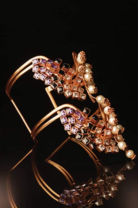 Shop Suhani Pittie Gold Plated Pearls, Crystals Pearlescent Embellished Frost Cuff at Aza Fashions Shop_Suhani Pittie_Gold Plated Pearls, Crystals Pearlescent Embellished Frost Cuff _at_Aza_Fashions
