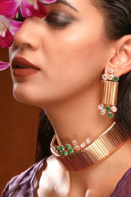 Buy Suhani Pittie Gold Plated Crystals Astral Shield Ribbon Earrings at Aza Fashions Buy_Suhani Pittie_Gold Plated Crystals Astral Shield Ribbon Earrings_at_Aza_Fashions