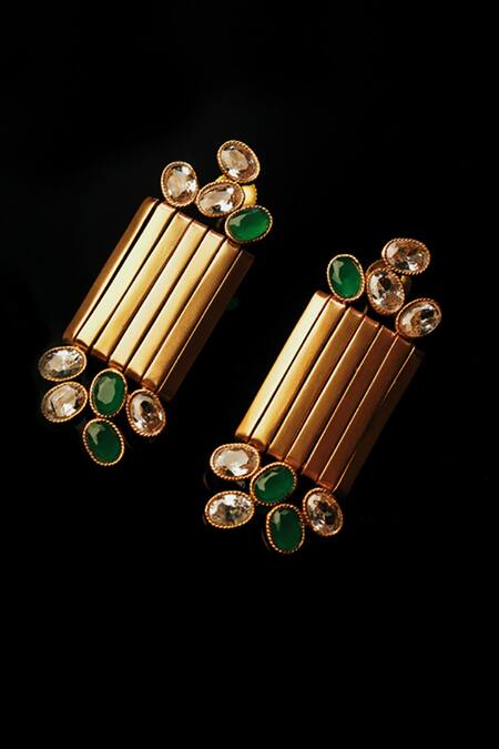 Shop Suhani Pittie Gold Plated Crystals Astral Shield Ribbon Earrings at Aza Fashions Shop_Suhani Pittie_Gold Plated Crystals Astral Shield Ribbon Earrings_at_Aza_Fashions