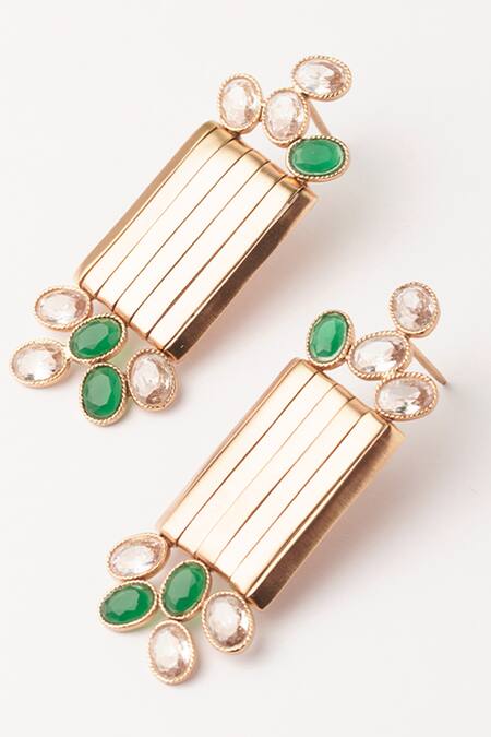 Suhani Pittie Gold Plated Crystals Astral Shield Ribbon Earrings Online at Aza Fashions Suhani Pittie_Gold Plated Crystals Astral Shield Ribbon Earrings_Online_at_Aza_Fashions