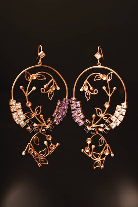 Shop Suhani Pittie Gold Plated Pearls, Crystals Mystic Foliage Vine Hoop Earrings at Aza Fashions Shop_Suhani Pittie_Gold Plated Pearls, Crystals Mystic Foliage Vine Hoop Earrings _at_Aza_Fashions