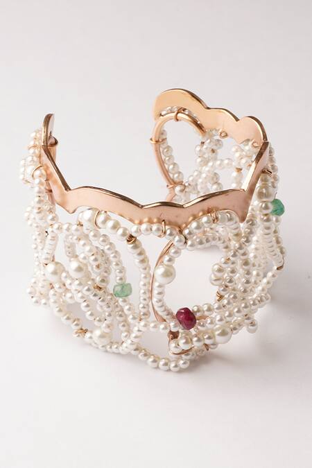 Suhani Pittie Gold Plated Pearls Cloud Embellished Cuff Bracelet Online at Aza Fashions Suhani Pittie_Gold Plated Pearls Cloud Embellished Cuff Bracelet _Online_at_Aza_Fashions