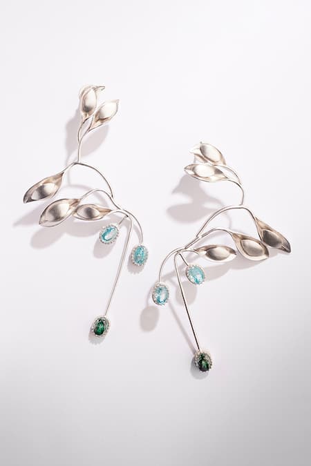 Shop Suhani Pittie Silver Plated Stones Rain Drop Carved Earrings at Aza Fashions Shop_Suhani Pittie_Silver Plated Stones Rain Drop Carved Earrings _at_Aza_Fashions