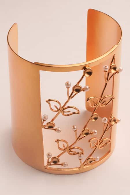 Suhani Pittie_Gold Plated Pearls Fern Carved Cutwork Cuff _Online_at_Aza_Fashions