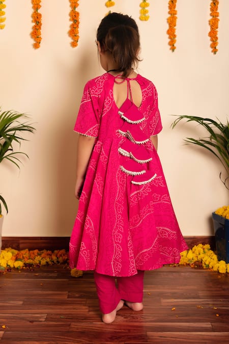 Shop Pomcha Jaipur Pink Cotton, Net Tassels Bhandhej Print Anarkali Pant Set at Aza Fashions Shop_Pomcha Jaipur_Pink Cotton, Net Tassels Bhandhej Print Anarkali Pant Set _at_Aza_Fashions
