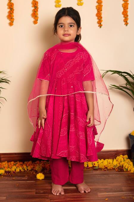 Pomcha Jaipur Pink Cotton, Net Tassels Bhandhej Print Anarkali Pant Set Online at Aza Fashions Pomcha Jaipur_Pink Cotton, Net Tassels Bhandhej Print Anarkali Pant Set _Online_at_Aza_Fashions