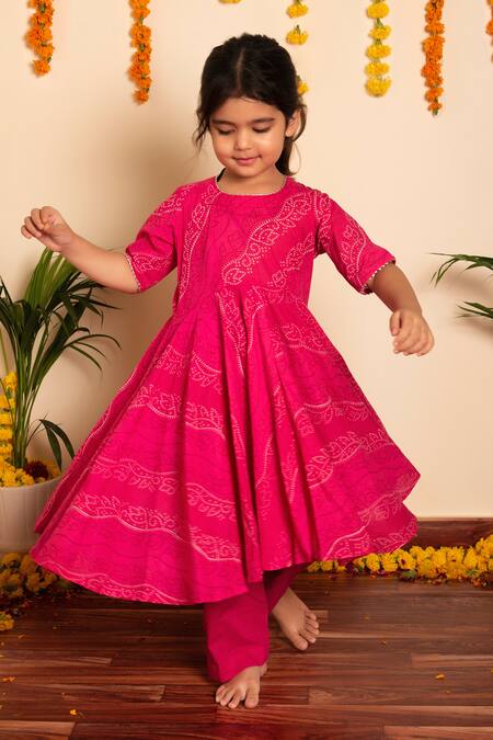 Shop Pomcha Jaipur Pink Cotton, Net Tassels Bhandhej Print Anarkali Pant Set Online at Aza Fashions Shop_Pomcha Jaipur_Pink Cotton, Net Tassels Bhandhej Print Anarkali Pant Set _Online_at_Aza_Fashions