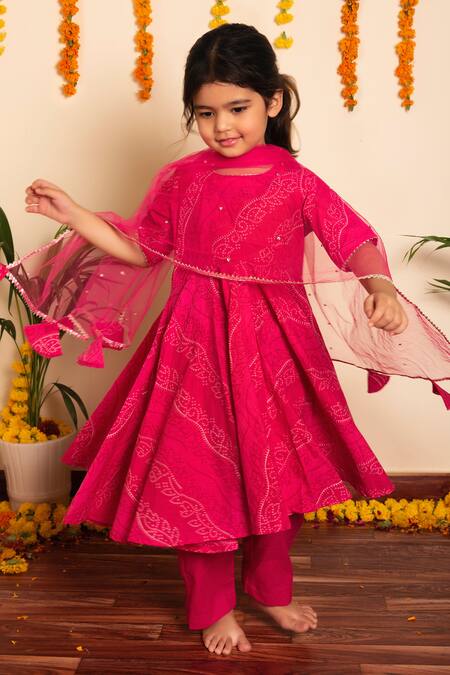 Pomcha Jaipur Pink Cotton, Net Tassels Bhandhej Print Anarkali Pant Set at Aza Fashions Pomcha Jaipur_Pink Cotton, Net Tassels Bhandhej Print Anarkali Pant Set _at_Aza_Fashions