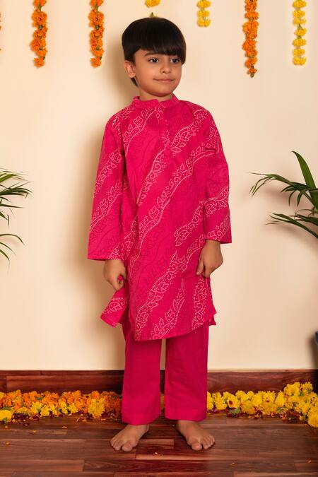 Pomcha Jaipur Pink Cotton Bhandhej Print Kurta With Pant Online at Aza Fashions Pomcha Jaipur_Pink Cotton Bhandhej Print Kurta With Pant _Online_at_Aza_Fashions