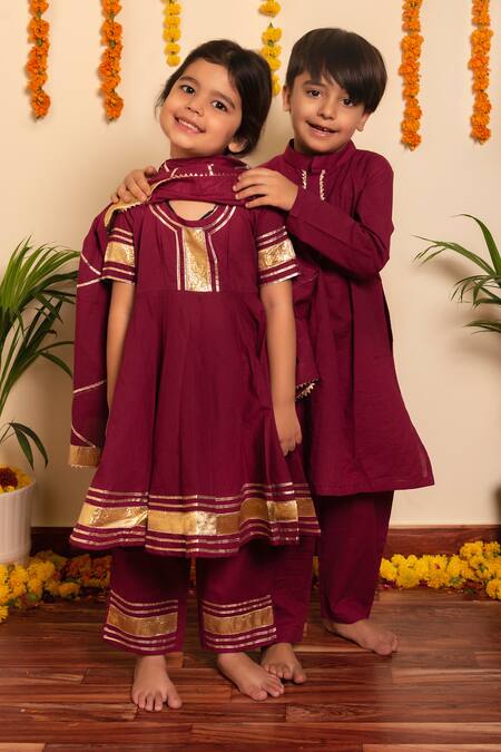 Buy_Pomcha Jaipur_Wine Cotton Gota Patti Lace Work Anarkali Pant Set _Online_at_Aza_Fashions