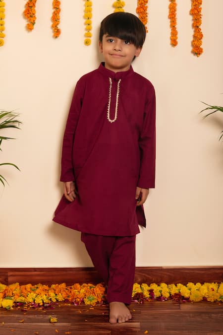 Shop_Pomcha Jaipur_Wine Cotton Gota Patti Lace Work Kurta With Pant _Online_at_Aza_Fashions