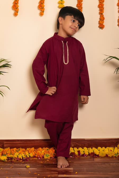Pomcha Jaipur_Wine Cotton Gota Patti Lace Work Kurta With Pant _at_Aza_Fashions
