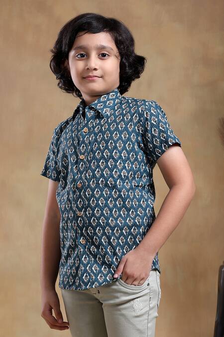 Pomcha Jaipur_Blue Cotton Dahleez Hand Block Print Shirt _Online_at_Aza_Fashions