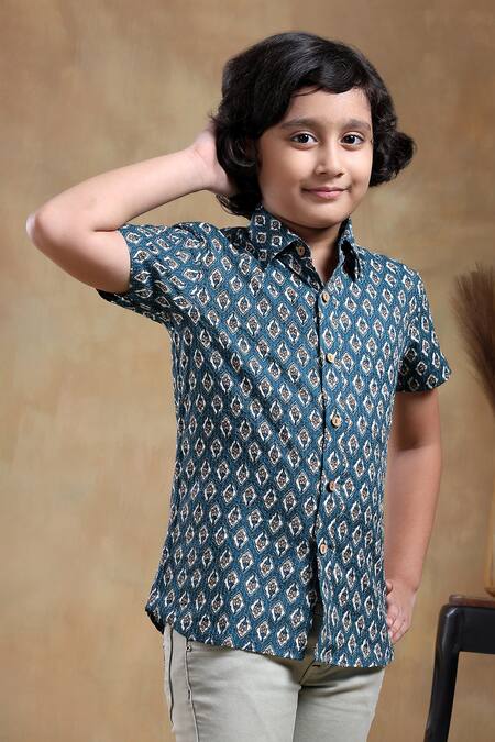 Buy_Pomcha Jaipur_Blue Cotton Dahleez Hand Block Print Shirt _Online_at_Aza_Fashions