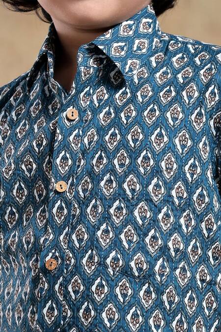 Shop_Pomcha Jaipur_Blue Cotton Dahleez Hand Block Print Shirt _Online_at_Aza_Fashions