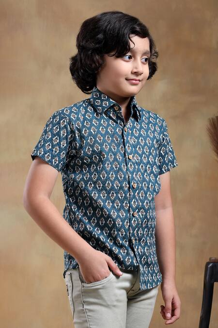Pomcha Jaipur Blue Cotton Dahleez Hand Block Print Shirt at Aza Fashions Pomcha Jaipur_Blue Cotton Dahleez Hand Block Print Shirt _at_Aza_Fashions