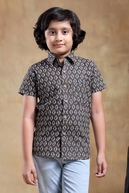 Pomcha Jaipur_Brown Cotton Dahleez Geometric Hand Block Print Shirt _Online_at_Aza_Fashions