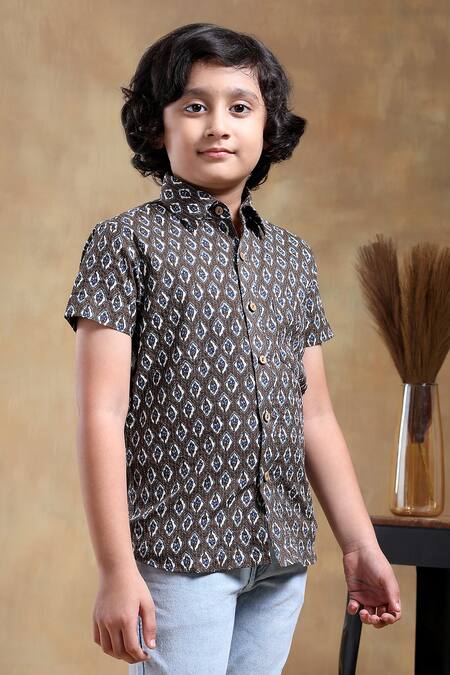 Buy_Pomcha Jaipur_Brown Cotton Dahleez Geometric Hand Block Print Shirt _Online_at_Aza_Fashions