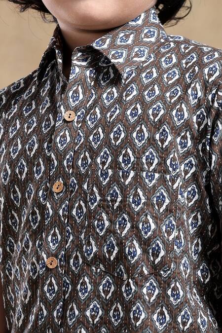 Shop_Pomcha Jaipur_Brown Cotton Dahleez Geometric Hand Block Print Shirt _Online_at_Aza_Fashions