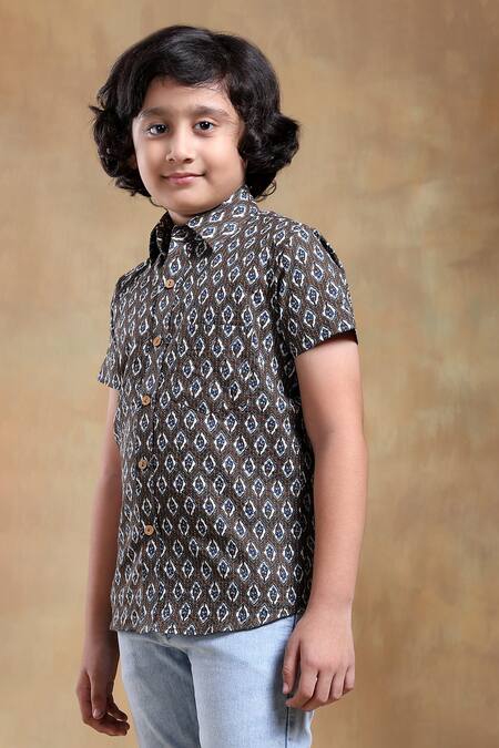 Pomcha Jaipur Brown Cotton Dahleez Geometric Hand Block Print Shirt at Aza Fashions Pomcha Jaipur_Brown Cotton Dahleez Geometric Hand Block Print Shirt _at_Aza_Fashions