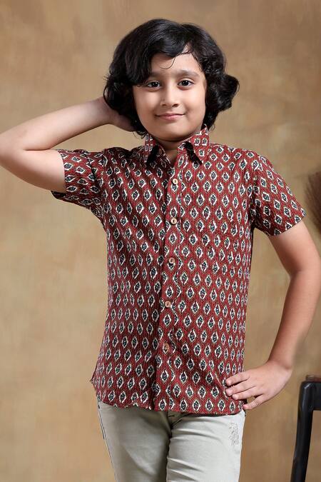 Pomcha Jaipur_Maroon Cotton Dahleez Hand Block Printed Shirt _Online_at_Aza_Fashions
