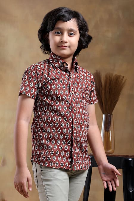 Buy_Pomcha Jaipur_Maroon Cotton Dahleez Hand Block Printed Shirt _Online_at_Aza_Fashions