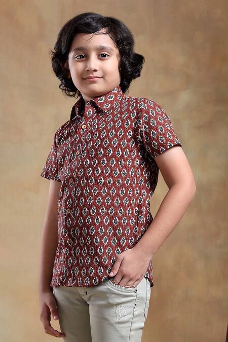 Shop_Pomcha Jaipur_Maroon Cotton Dahleez Hand Block Printed Shirt _Online_at_Aza_Fashions