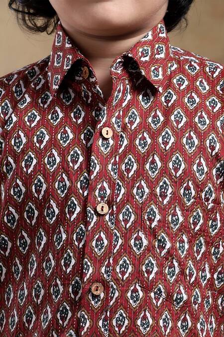 Pomcha Jaipur_Maroon Cotton Dahleez Hand Block Printed Shirt _at_Aza_Fashions