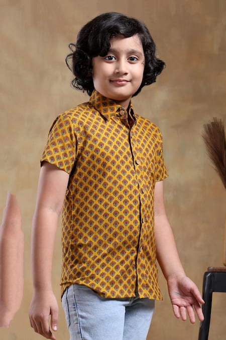 Pomcha Jaipur_Yellow Cotton Embroidery Floral Hand Block Printed Mustard Shirt _Online_at_Aza_Fashions
