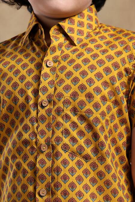 Buy_Pomcha Jaipur_Yellow Cotton Embroidery Floral Hand Block Printed Mustard Shirt _Online_at_Aza_Fashions