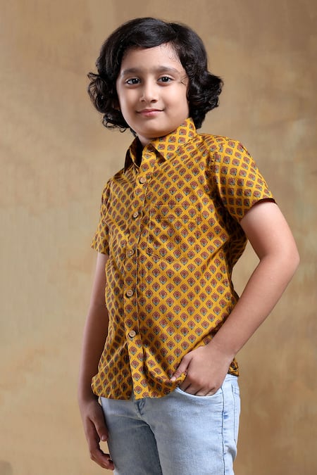 Shop_Pomcha Jaipur_Yellow Cotton Embroidery Floral Hand Block Printed Mustard Shirt _Online_at_Aza_Fashions