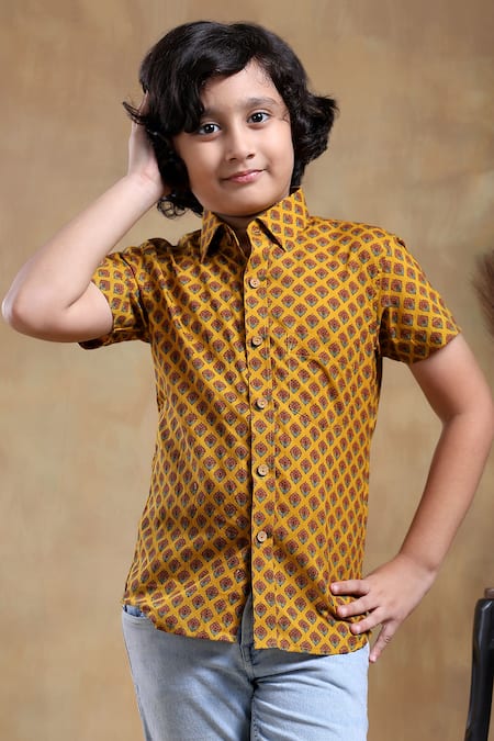 Pomcha Jaipur_Yellow Cotton Embroidery Floral Hand Block Printed Mustard Shirt _at_Aza_Fashions