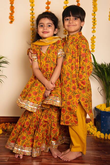 Pomcha Jaipur_Yellow Cotton Embroidery, Gota Patti Darpan Floral Print Kurta Sharara Set _Online_at_Aza_Fashions