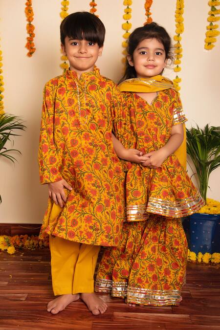 Buy_Pomcha Jaipur_Yellow Cotton Embroidery, Gota Patti Darpan Floral Print Kurta Sharara Set _Online_at_Aza_Fashions