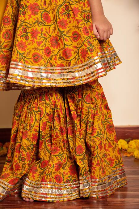 Shop_Pomcha Jaipur_Yellow Cotton Embroidery, Gota Patti Darpan Floral Print Kurta Sharara Set _Online_at_Aza_Fashions