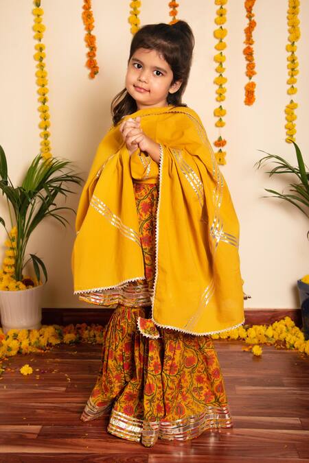 Pomcha Jaipur_Yellow Cotton Embroidery, Gota Patti Darpan Floral Print Kurta Sharara Set _at_Aza_Fashions