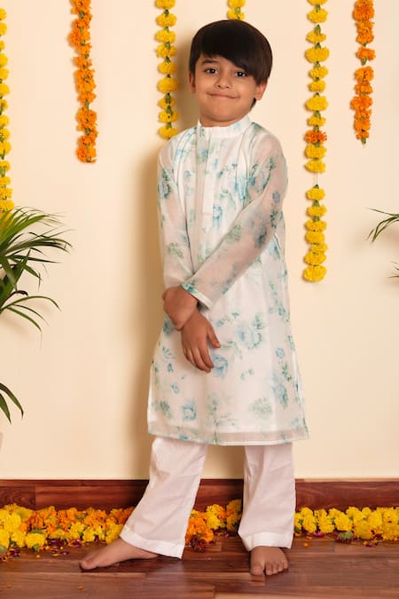 Pomcha Jaipur_White Chanderi, Cotton Falak Floral Print Kurta With Pant _at_Aza_Fashions